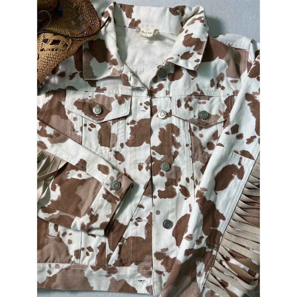 Altar'd State Cow Print Fringe Denim Jacket Western Coastal Cowgirl Boho Brown M - Picture 7 of 12